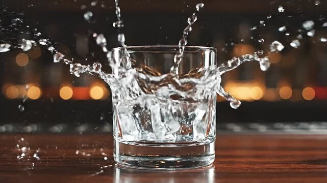 Arcing cinematic shot of ice cubes soaring above empty container
