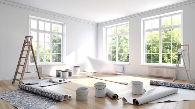 Home renovation time-lapse showcasing wallpaper application with tools in a bright living room