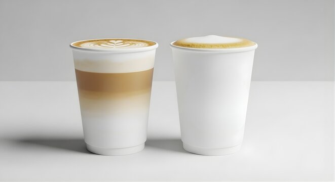 Two paper cups with coffee one with latte art on a white surface in a bright setting
