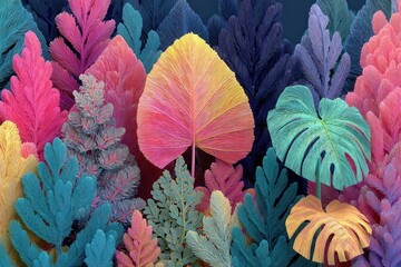 Vibrant collage of neon pink, teal, and multicolored tropical leaves and ferns in an artful burst