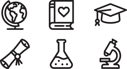 Obraz premium Six Outline Icons for Education and Science Concepts Keywords: globe, earth, world, book, heart, love