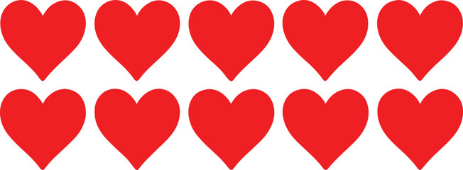 Ten red hearts arranged in two rows on a white background love romance