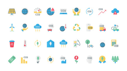 Carbon neutral and net zero symbols, greenhouse gas and environment pollution reduction with eco friendly sustainable energy, industry. CO2 emissions flat icons set vector illustration.