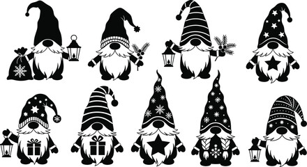 Christmas gnome vector set featuring festive winter characters with lanterns, gifts, stars, braids, hats, holiday seasonal decorations
