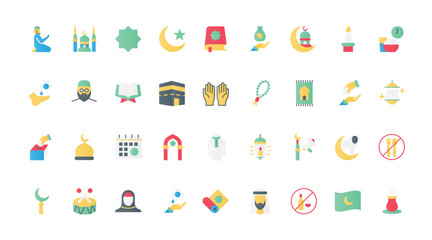 Islam flat icons set vector illustration. Muslim religion and worship symbols, Saudi man and woman in hijab, mosque and Quran, religious calendar of holidays for prayers and charity.