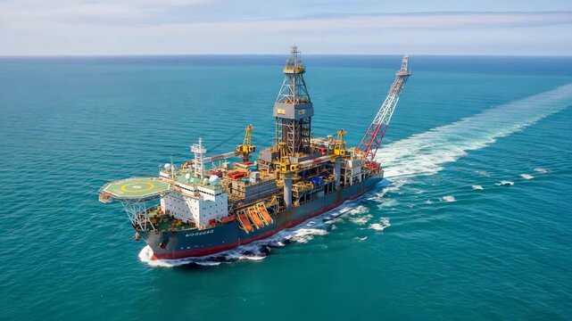 Offshore drillship vessel sailing on deep blue ocean water under clear sky, leaving wake