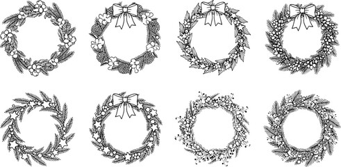 Christmas wreath vector set featuring pine branches, holly berries, bows, foliage, festive holiday greenery, winter botanical decorations