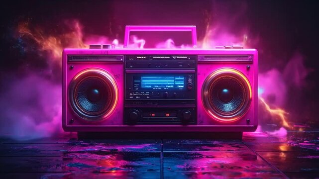 Retro Boombox on a Cyberpunk Stage with Neon Lights and Smoke for a Dynamic Visual Experience