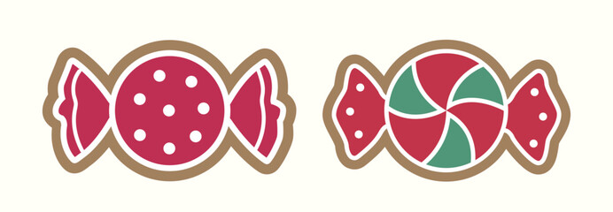 Red and green candy-shaped gingerbread cookies clipart set.
Winter Christmas party cookies.
Flat vector illustration.
White background.
