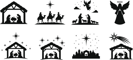 Fototapeta premium Silhouette Christmas nativity scene collection featuring holy family, wise men, angels, shepherds, star of Bethlehem and manger icons