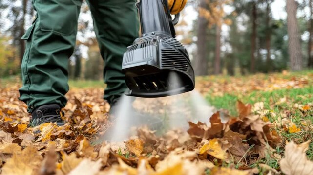 Effective leaf blowing in a tranquil park during autumn days
