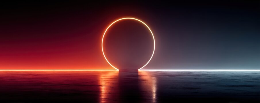 Abstract background with glowing neon circle and horizontal line across a dark gradient scene - Powered by Adobe