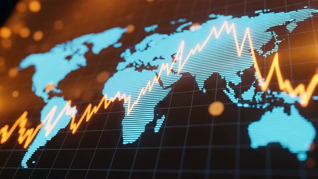 Global economic trends represented by a digital world map and a volatile orange line graph - Powered by Adobe