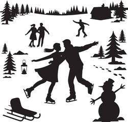 Winter Silhouette Scene with Ice Skating Snowman and Cabin Vector Art