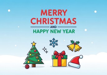 Merry christmas and happy new year festive illustration with decorated tree, gift box, santa hat, bells, and snowflake