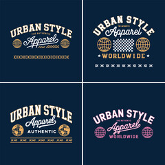 Urban style apparel badge set with retro typography, globe icons and streetwear branding elements for modern fashion design