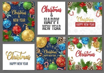 Collection of festive christmas and new year holiday greeting cards and banners with decorative ornaments, pinecones, and glitter