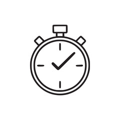 A minimalistic line drawing of a stopwatch with a checkmark inside on a plain white background