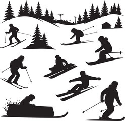 Winter Skiing and Snowboarding Fun Silhouette Vector Graphic Elements Set