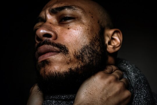 Bald man embracing pensive expression feeling struggle
