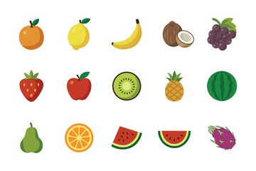 Vibrant summer fruit icon collection vector set for healthy diet and organic food design elements.