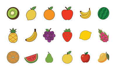 Colorful fruit vector icon set, tropical and fresh fruits clipart collection for print and healthy food design.