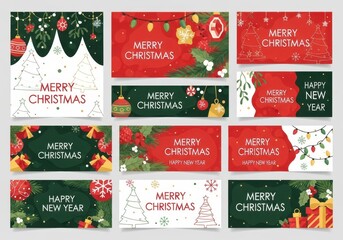 Collection of christmas and new year banners and cards featuring festive fir branches, ornaments, lights, and gifts