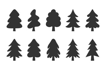 Obraz premium Pine fir tree black silhouette vector set collection forest nature woodland icon design bundle.