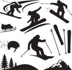 Winter Sports Silhouettes Featuring Skiing Snowboarding and Sledding on White Background