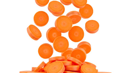 Sliced Carrots Falling and Piled on Black Background