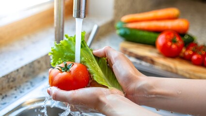 Fresh Vegetables Being Washed in Kitchen Sink - Healthy Eating Lifestyle