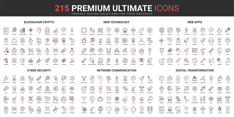 Blockchain crypto, new technology, web apps, cyber security, network communication, digital transformation thin line red black icons set vector illustration. Simple design for mobile and web apps.
