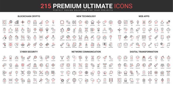 Blockchain crypto, new technology, web apps, cyber security, network communication, digital transformation thin line red black icons set vector illustration. Simple design for mobile and web apps.