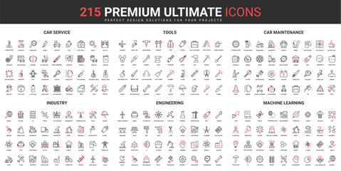 Industry thin line red black icons set vector illustration. Abstract symbols of tools and equipment for engineering and car maintenance service, machine learning simple design for mobile and web apps