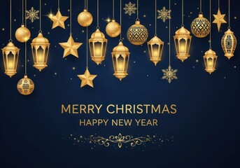 Golden christmas and new year decorations with lanterns, stars, and baubles hanging on a dark blue background, festive