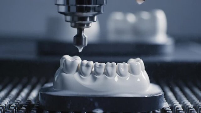 Close Up of Dental Prosthesis Creation Process Using Robotic Milling Machine in Production Facility