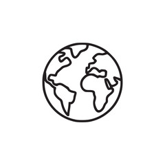 A simple black and white line drawing of the earth showing the continents in a circular shape