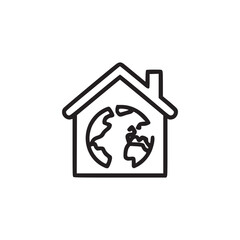 A minimalist line drawing of a house containing a globe inside on a white background isolated in center