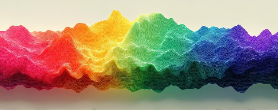 Vibrant rainbow wave landscape with flowing lines and colorful abstract mountain forms