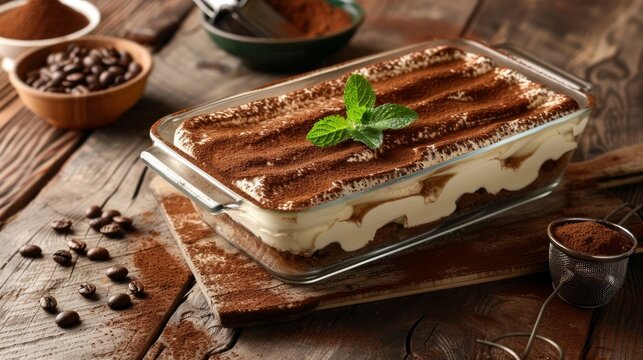 A delicious tiramisu dessert in a glass dish, garnished with mint leaves. Surrounding elements include coffee beans and cocoa powder on a wooden table.