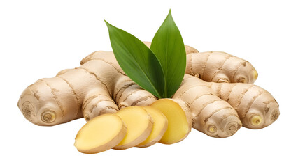 Fresh Ginger Root with Slices and Green Leaves spice