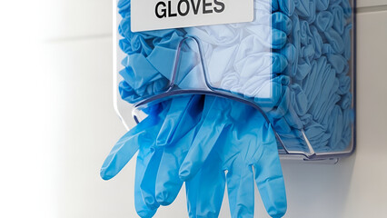 Disposable gloves dispenser with blue gloves in medical environment for hygienic purposes