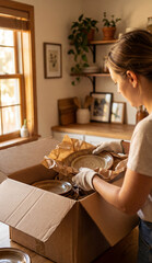 Woman packing dishes into a cardboard box in cozy interior with sunlight  