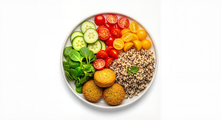 Vegan plate featuring falafel and quinoa with fresh vegetables  