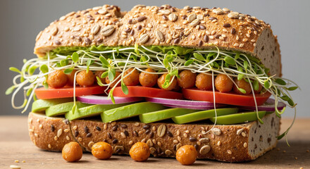 Vegan sandwich with fresh sprouts and chickpeas on a wooden board  