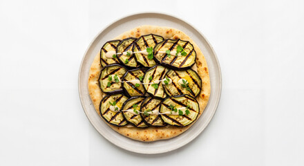 Vegan flatbread topped with grilled eggplant slices on a plate  