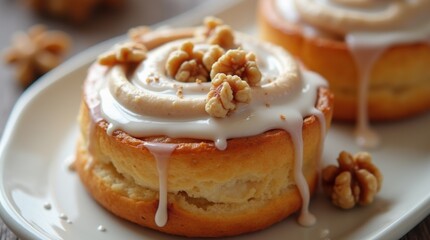 Creamy iced cinnamon roll with walnut pieces on spiral pastry