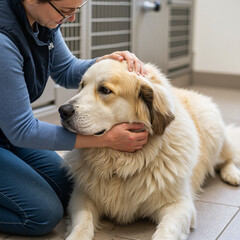 Volunteer gently petting a large, fluffy dog at an animal shelter  