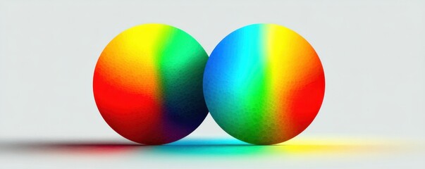 Two rainbow gradient spheres touch, creating vibrant abstract color gradient reflection on white background