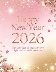 Glittering Rose Gold New Year 2026 Greeting Card with Pink Flowers and Bokeh Effect